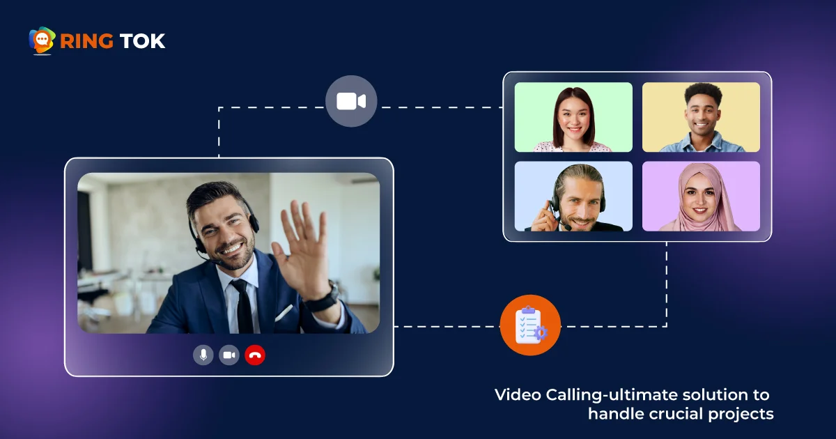 The boss is doing video call with employees via RingTok video calling app